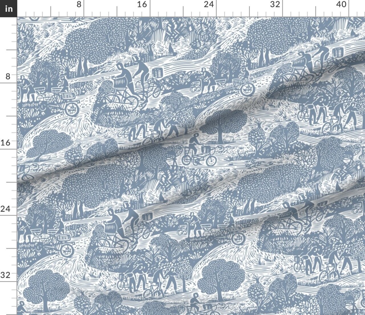 Folk Bicycle Toile Blue Monochrome Block Print Trees Lines Cycling Scandi Custom Printed Fabric by Spoonflower Various Fabrics by the Yard or Fat Quarter